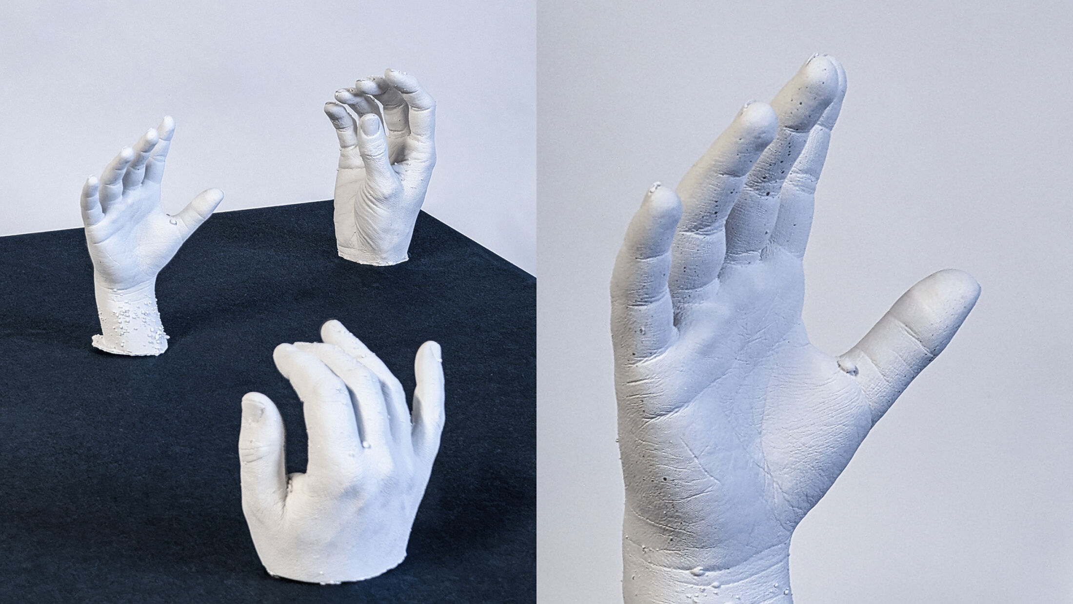 CARITAS – WEGKLICKEN HILFT NICHT, Behind the Scenes Foto der Gipshaende; ©Studio FREUDE