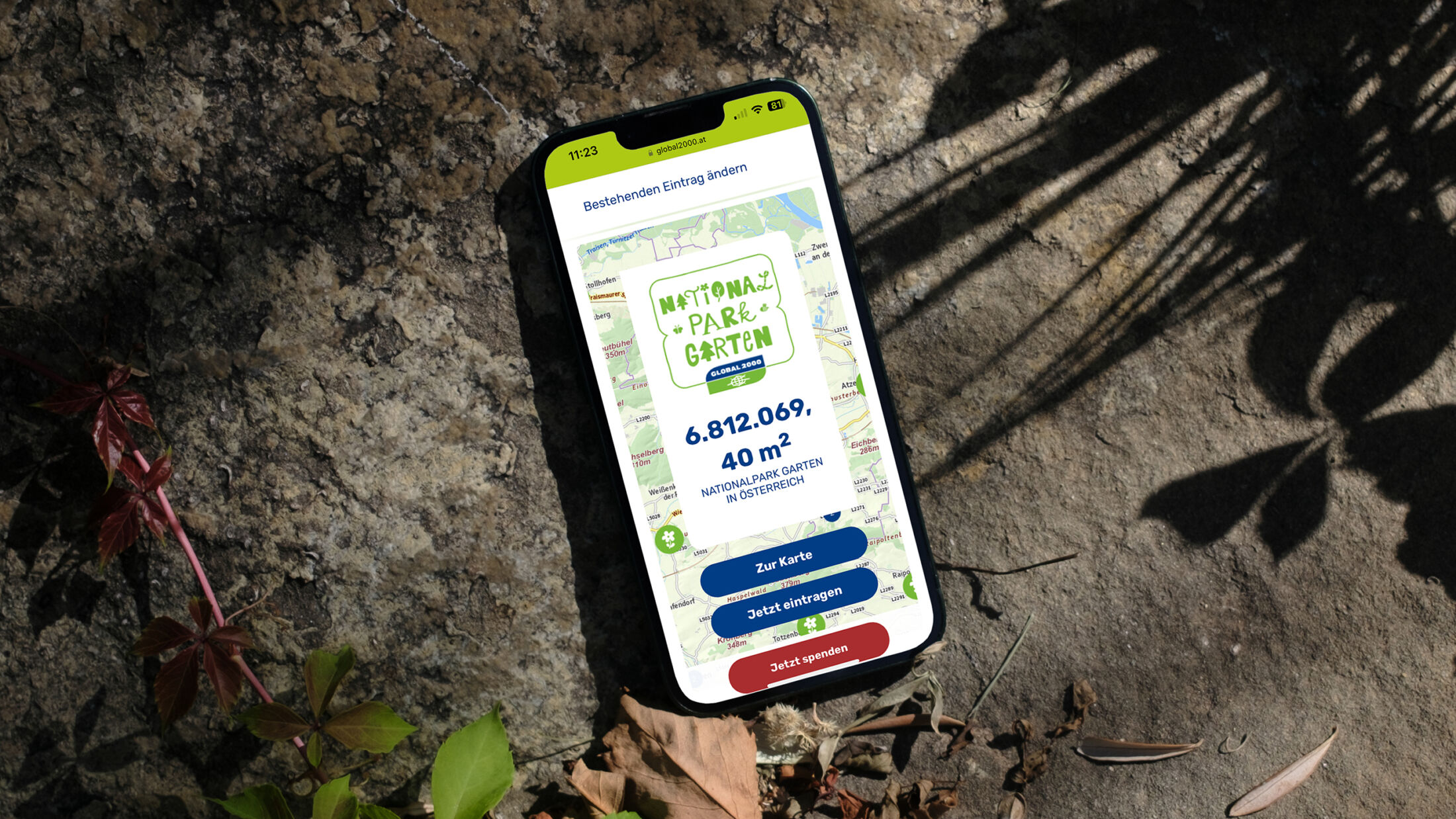 GLOBAL 2000 – Nationalpark Garten, Foto der Website auf einem Smartphone; ©Studio FREUDE